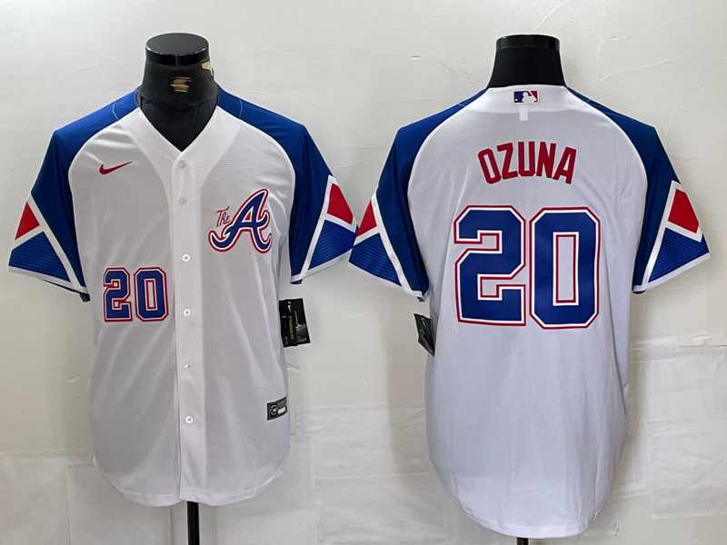 Mens Atlanta Braves #20 Marcell Ozuna Number White 2023 City Connect Flex Base Stitched Jersey